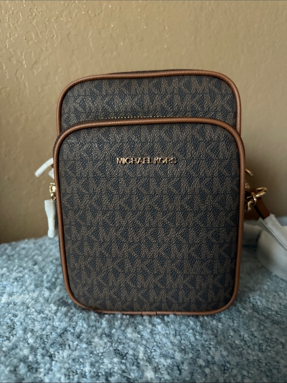 Michael Kors Brown Monogram Crossbody with Tan Trim and Gold Hardware